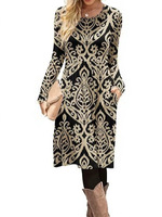 Nouvelle Robe Décontractée Femme Automne Hiver Coupe Droite Imprimé Floral Col Rond Manches Courtes avec Poches Coupe Classique Vente en Gros Fournisseur
