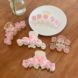 Korean Girls Peach Hair Claw Plastic Big Pink Bear Bow Claw Clamp Women Flower Ponytail Holder