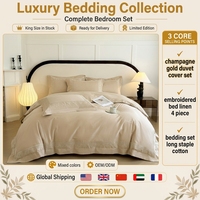 Ensemble de housse de couette en satin de coton 100% - 4 pièces - Broderie - Couleur champagne doré - Literie pour la maison et la chambre d'hôtes