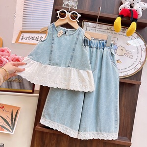Conjunto de Ropa de <span class=keywords><strong>Verano</strong></span> para Niña, 2 Piezas, 2026, Azul y Blanco, Camisa sin Mangas con Volantes de Encaje + Pantalones Anchos, Conjunto de Ropa de Mezclilla de 2 Piezas - Product Image 5