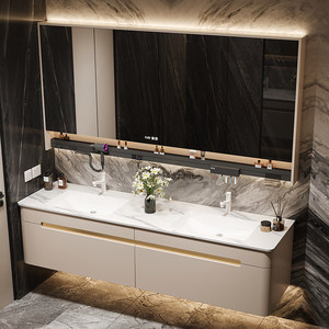 Modern Luxury Stone-Look Seamless Ceramic Double-Sink Smart <b>Mirror</b> Vanity Wall-Mounted Bathroom Cabinet - Product Image 4