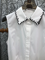 Robe longue 100 % coton, style été 2026, col rabattu, broderie noire, blocs de couleur, ceinture décorative, sans manches, robe longue blanche pour femme