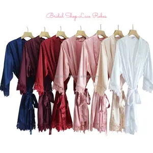 Ready to Ship Luxury Silk 15 Colors Lace Trim Robes Women Kids Robes Silk Satin Bridal Wedding Party Gift Sleepwear