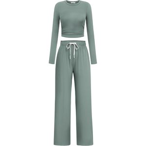 FOXA Women 2 Piece <b>Lounge</b> Set Long Sleeve Cropped Top Wide Leg Pants Breathable Casual Autumn Outfits Matching Tracksuit - Product Image 1