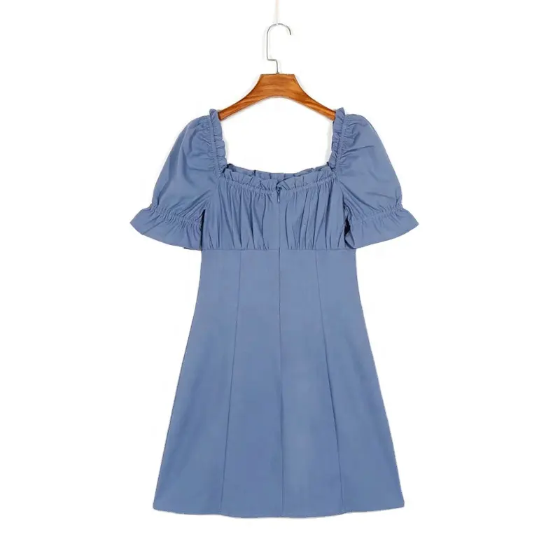 2023 Verão Mulheres Longo Smocked Elastic Sleeve Vestuário Linho Azul Quadrado Collar Ruffles Vestidos