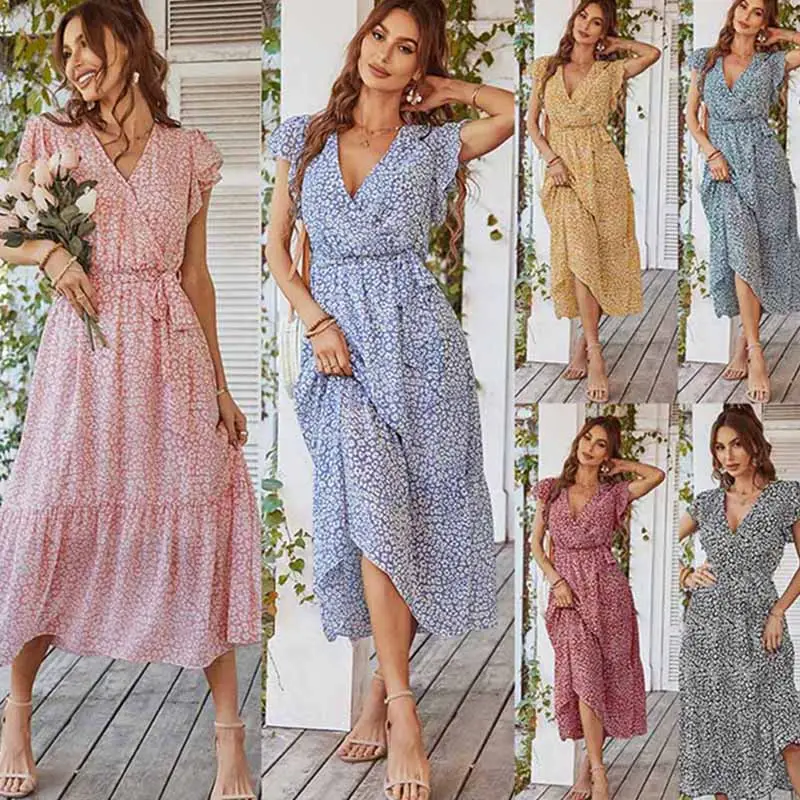 New Arrivals Floral Print Short Sleeves Casual Loose V Neck Women'S Tunic Modest Maxi Dress