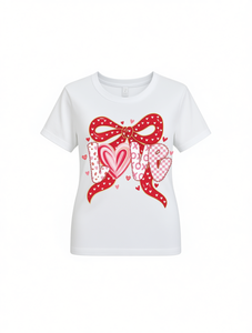 T-shirt Oquette Love da donna a maniche corte, girocollo, vestibilità ampia casual, in jersey stampato per San Valentino con fiocco - Product Image 1