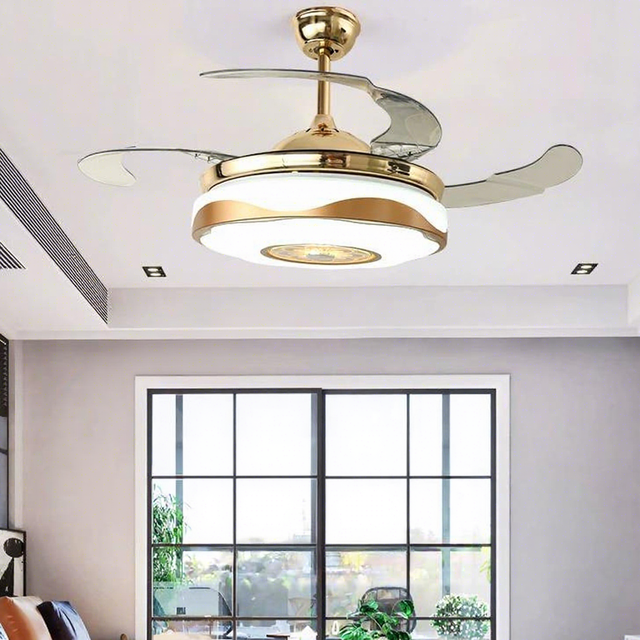 Factory Direct Retractable Ceiling Fans with Lights and Remote Blue/tooth Music Dimmable 3CCT Reversible BLDC Motor for Bedroom