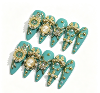 Faux ongles de luxe verts à presser, forme stiletto, en acrylique, avec perles et strass dorés, pré-dessinés, 10 pièces pour soirée