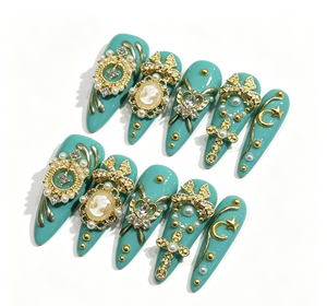 Uñas Postizas de Lujo Verdes, Estilo Stiletto, Acrílicas, con Perlas, Diamantes de Imitación Dorados, Pre-Diseñadas, 10 Piezas para Fiesta - Product Image 1