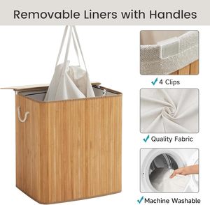 Kuyue giặt Hamper với nắp, 2-phần giặt giỏ với 2 có thể tháo rời Lót & túi bên, có thể gập lại tre cản trở - Product Image 4