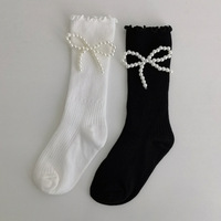 Chaussettes de fête pour filles, style japonais, mignonnes, pour enfants, en tricot bouclé, respirantes, avec volants, dentelle, nœuds, perles, style princesse Lolita