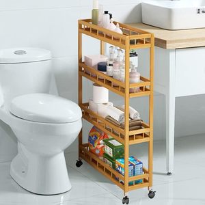 Bamboo 4 Tier Wheeled <b>Storage</b> <b>Cart</b> Slim Organizer For Bathroom Kitchen Laundry Room - Product Image 1