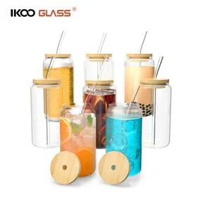 Can shaped glass cups wholesale hand made glass tumbler with straw and bamboo lid for Iced coffee, soda,bubble tea, juice