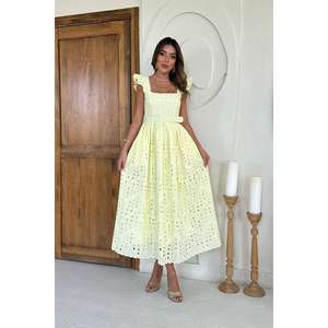 Vestido Largo Elegante Amarillo con Encaje Bordado, Cremalleras XL, Drapeado, Diamantes y Aberturas Translúcidas de Ganchillo para Fiestas y Días Festivos al por Mayor - Product Image 5