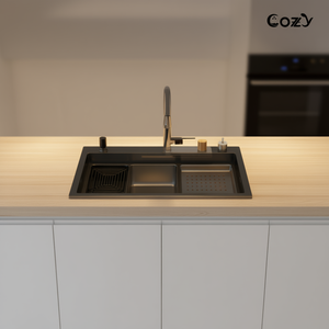 Évier de cuisine moderne à cuve unique Cozy 30x22 en acier inoxydable S304 noir, finition mate à poser - Product Image 2