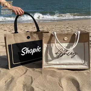 Bolsa grande de yute reutilizable para la playa, bolsa grande de tela ecológica con estampado personalizado, venta al por mayor