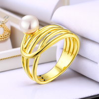 Cincin Mutiara Perak Sterling QX 925 Berlapis Emas dengan Desain Kawat Terbuka Multi Strand Grosir Kustom Terukir
