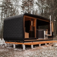 Cabine de bien-être extérieure noire, design épuré, combinant sauna et bain de glace, chauffée au bois, double fonction, pod de loisirs, taille personnalisée, livraison rapide