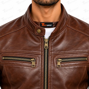Chaqueta de cuero PU marrón para hombre, transpirable, ecológica, para motocicleta, con forro de lana, cuello alto, cremallera, estilo motero. - Product Image 6