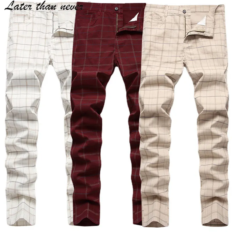 Mens Chino Pants Stretchy Business Casual Checked Pants For Men Slim Fit Pencil Leg Male Leisure Trousers