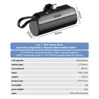 Mini Power Bank 5000 mAh avec câbles intégrés, design compact en forme de capsule, Power Bank 3 en 1, sortie 10 W avec support