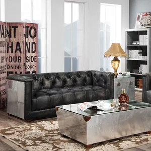 Set Furnitur Sofa Chesterfield Kulit Sapi Ruang Tamu Tertutup Aluminium Antik