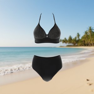 Costume da bagno bikini taglie forti HDJ nero a vita alta con controllo pancia e motivo a pois con paillettes, due pezzi, da donna, per la spiaggia - Product Image 2