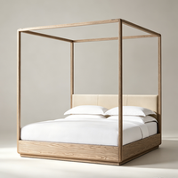 TrustHome Modernes Schlafzimmer Deluxe-Möbel King Queen Size Lederkopfteil Natürliches Holz Vierpfosten-Himmelbett