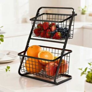 Metal <b>Wire</b> <b>Storage</b> <b>Basket</b> Double Layer Fruit Rack Desktop Organizer Black Durable Standing Type Rectangle Shape - Product Image 2