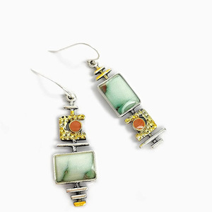 Orecchini pendenti vintage bicolore con turchese simulato irregolare per donna, gioielli artistici alla moda - Product Image 6