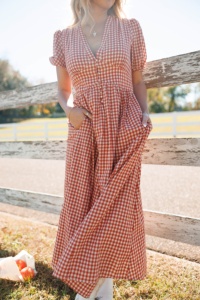 Women's <strong>Red</strong> White <strong>Gingham</strong> v Neck Puff Sleeve High Waist Maxi Dress for Vocation or Daily Wear - Product Image 6