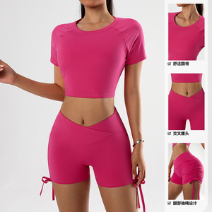 Conjunto de Yoga Sexy de Verano Personalizado, Top Corto y Pantalones Cortos de Cintura Alta con Cordón, Ropa Deportiva Elástica de 2 Piezas para Mujer - Product Image 4