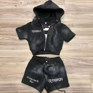 Custom 2 Piece <strong>Cotton</strong> Zip up Pink Cropped Top Acid Wash Jogger Sweatsuit Tracksuits Embroidered Hoodie and Short Set Women - Product Image 3