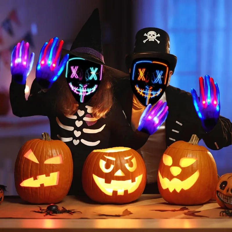Kostum Topeng bercahaya Halloween Cosplay Masker menyala menyala berkedip darah horor Thriller Masker LED perlengkapan topeng pesta