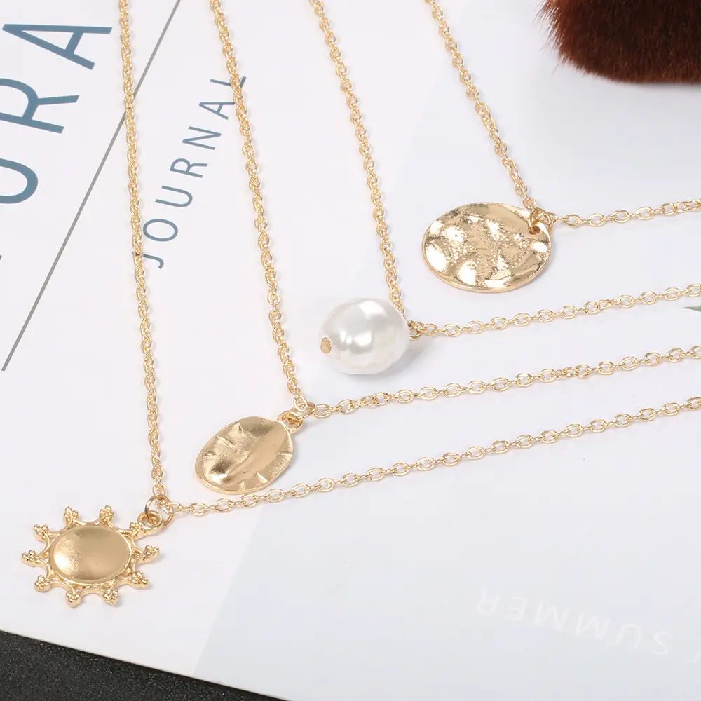 4 buah/set kalung liontin panjang batu mutiara imitasi ukir bulat warna emas Vintage untuk wanita perhiasan Choker
