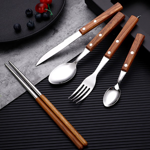 Nhật Bản Phong Cách 304 Gỗ Xử Lý Thép Không Gỉ Dao Và Đồ Dùng <span class=keywords><strong>Flatware</strong></span> Set Nĩa Muỗng Đũa 5Pcs Thiết Lập Dao Kéo - Product Image 5
