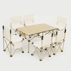 Meja Piknik Lipat Perjalanan Luar Ruangan Meja Gulung Telur Meja Berkemah Portabel dan Kursi Set
