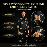Tissu soyeux brodé en mélange de 97% soie et 3% fil métallique pour robes Abaya et nappes