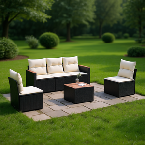 Ensemble de canapés de jardin en rotin noir, 6 pièces, meubles d'extérieur modernes avec coussins en mousse haute densité pour terrasse ou cour - Product Image 2