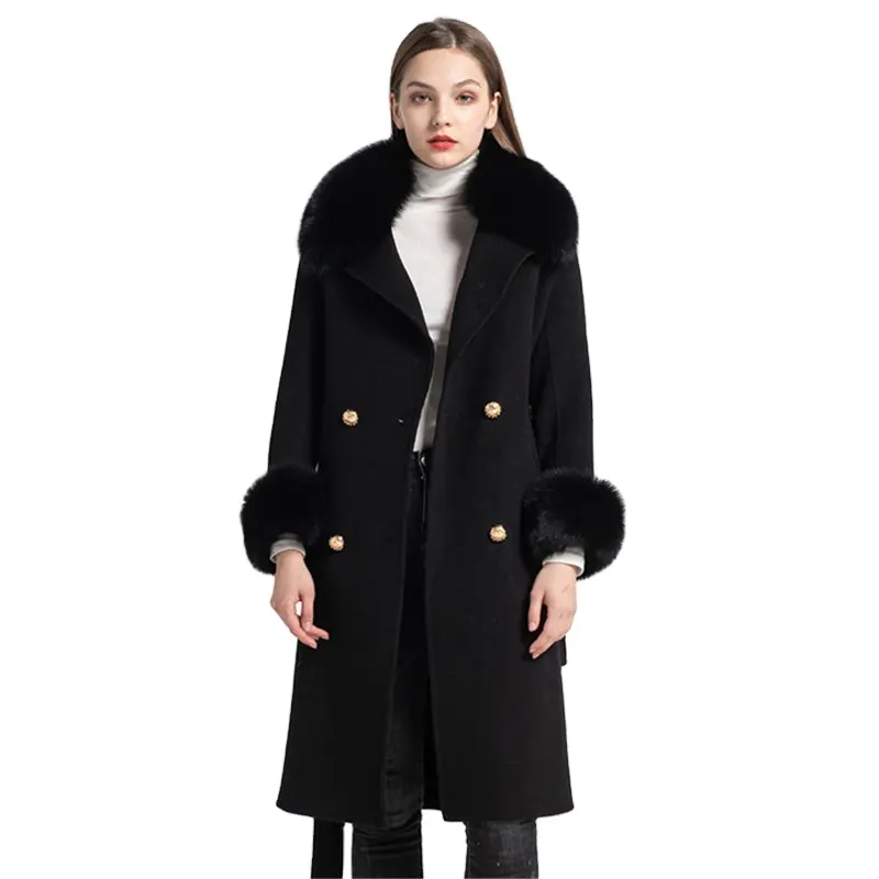 Jancoco Double Face Warm Black Woolen Trench Coat Winter Women Long Cashmere Wool Coat with Fox Fur Collar