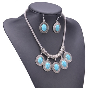 USA Fashion Vintage <b>Boho</b> Tassel Oval Turquoise Pendant Womens Jewelry Set for Women <b>Necklace</b> and Earrings Alloy Silver Plated - Product Image 2