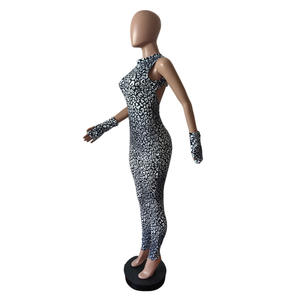 Viviblook Z403JP02 nuevo Bodycon leopardo sin mangas Venta caliente Halter espalda descubierta encaje hasta mono elástico con guantes de talla grande - Product Image 5