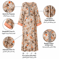 Nouvelle arrivée Robe longue ample à col en V, imprimé floral, manches longues, poignets contrastés, ceinture à nouer à la taille |   Abaya musulmane quotidienne, robe islamique modeste