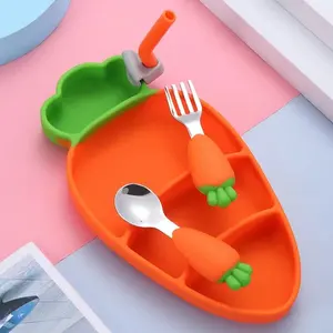 Juego de alimentación de silicona de grado alimenticio para niños, plato dividido de zanahoria de silicona con tenedor, cuchara y pajita, 4 Uds.