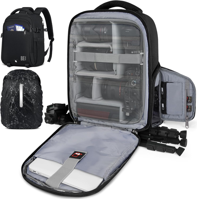 Camera Backpack Camera case with Waterproof and Rain Cover and Laptop Compartment, Anti-theft Travel Photography Backpack, Black