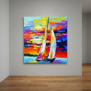 Pintura al Óleo sobre Lienzo de Velero Pintado a Mano Golden Sail, Paisaje Impresionista, Marco de Madera, Decoración Interior para Todas las Estaciones - Product Image 3