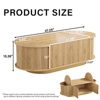 Table basse ovale à tambour cannelé avec logo personnalisé, design en bois à lattes, panneau latéral incurvé à bords arrondis, base plinthe, pour salon