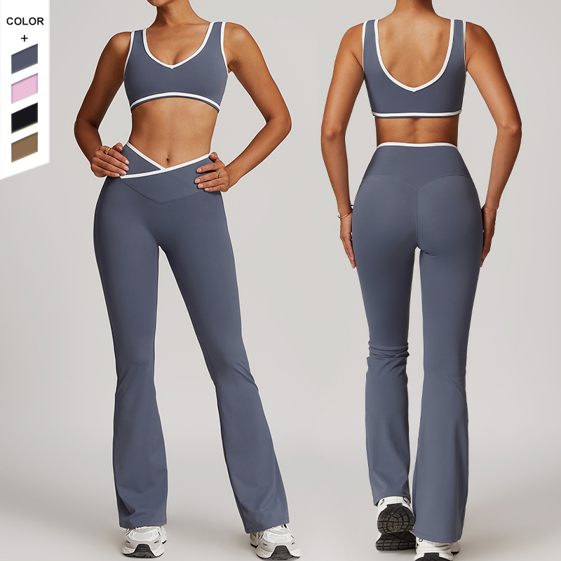 Customized Logo Moisture Wicking Set Crossed High Waisted Pants Contrasting Colors Open Bra Running Fitness Yoga Set
