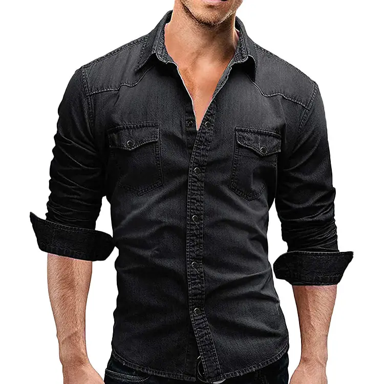 Fashion Men Wash Black Denim Jeans Shirt Long Sleeves Autumn Shirt Casual Top Denim Shirt